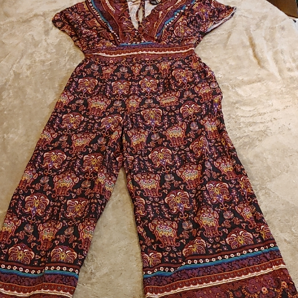 Icõne Par Simons Burgundy Floral Paisley Wide-Leg Jumpsuit Sz SM